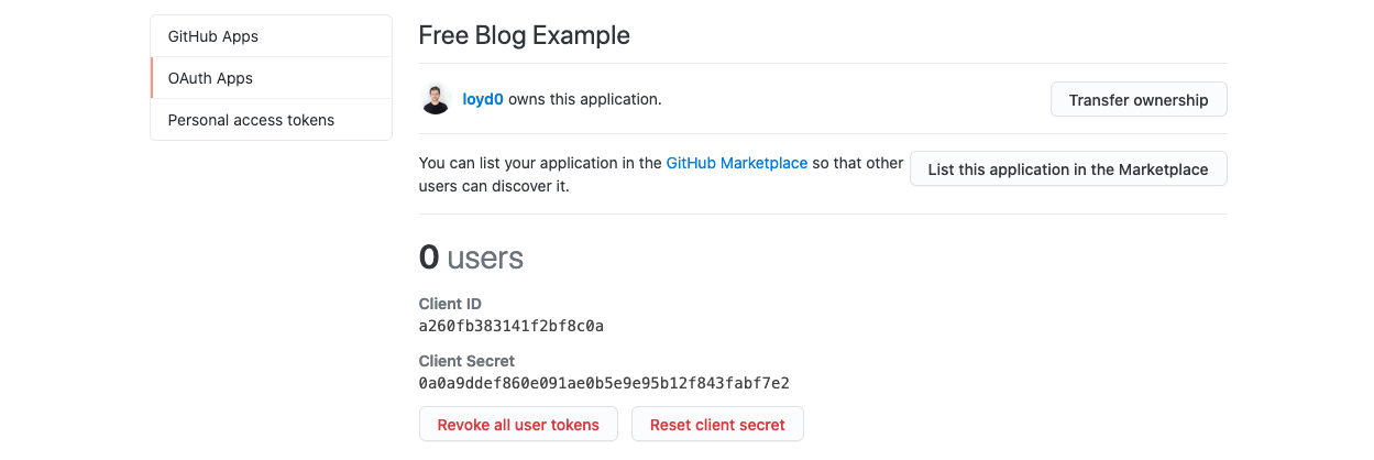 Authorisation client ID and secret in GitHub settings
