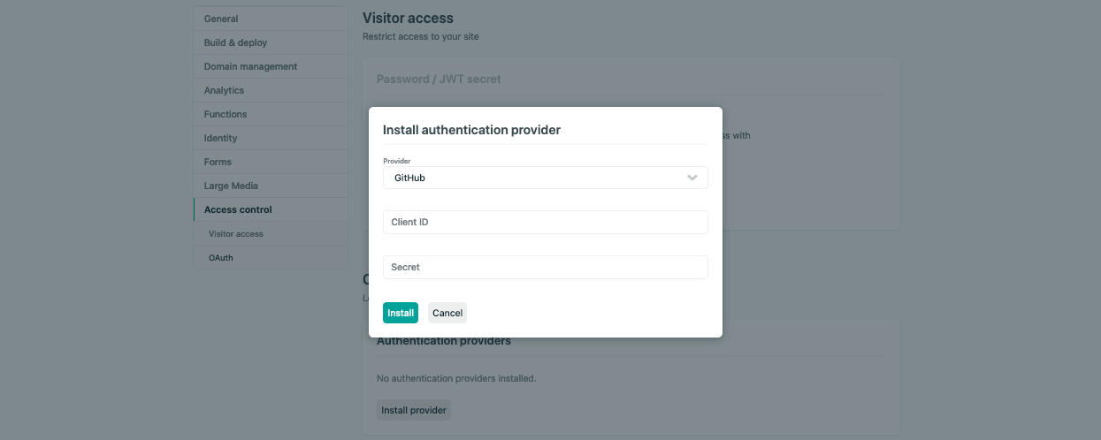 Install autentication provider pop up on Netlify