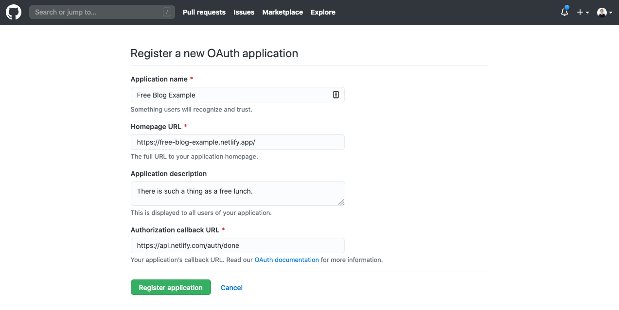 GitHub register new OAuth application screen