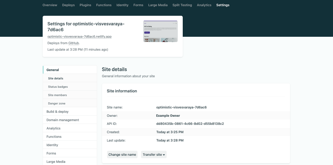 Netlify website dashboard settings