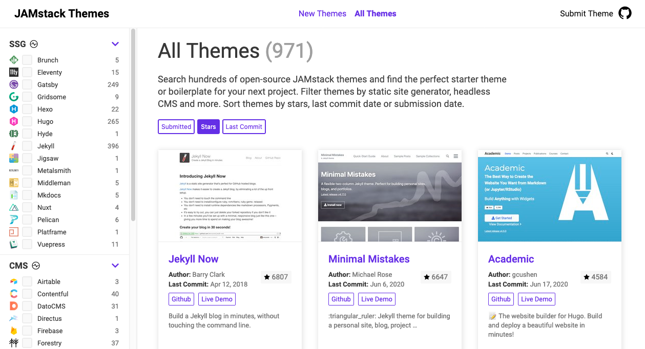 Home page of JamstackThemes.dev