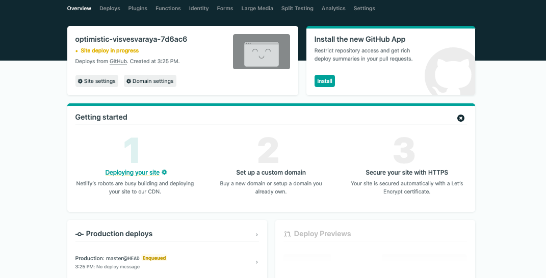 Netlify dashboard whilst website is deploying