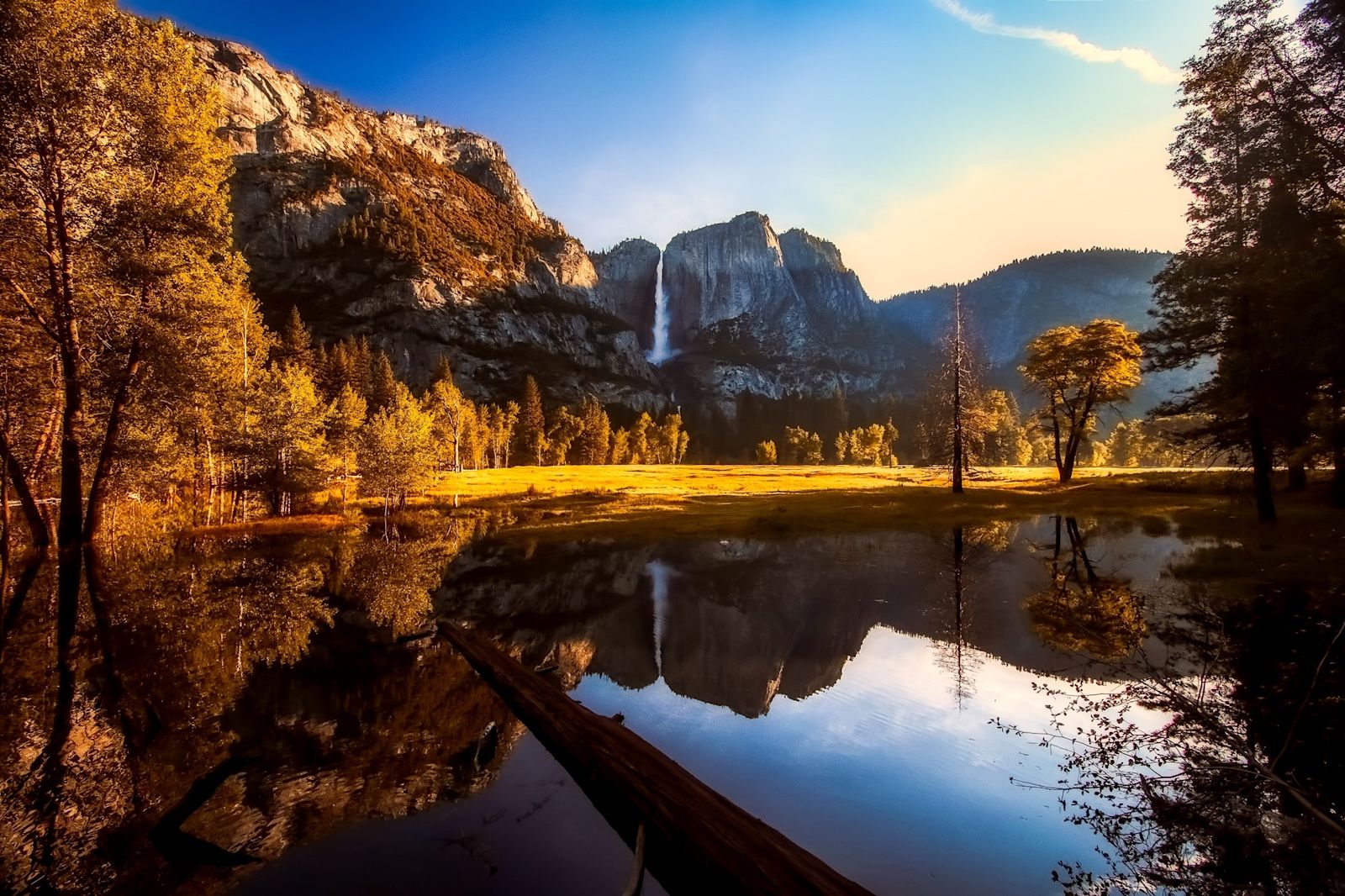 Yosemite Valley floor with a waterfall in the background